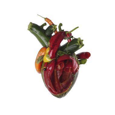 Serce ludzkie złożone z warzyw (cukinii, papryki, botwinki, marchewki) na białym tle.